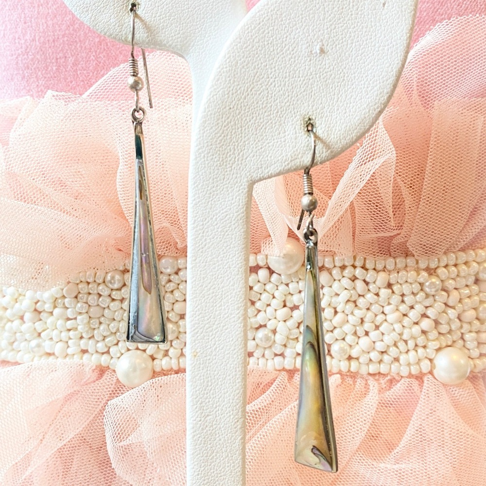 Abalone Shell Earrings Silver Tone Dangle Drop Triangle Bohemian